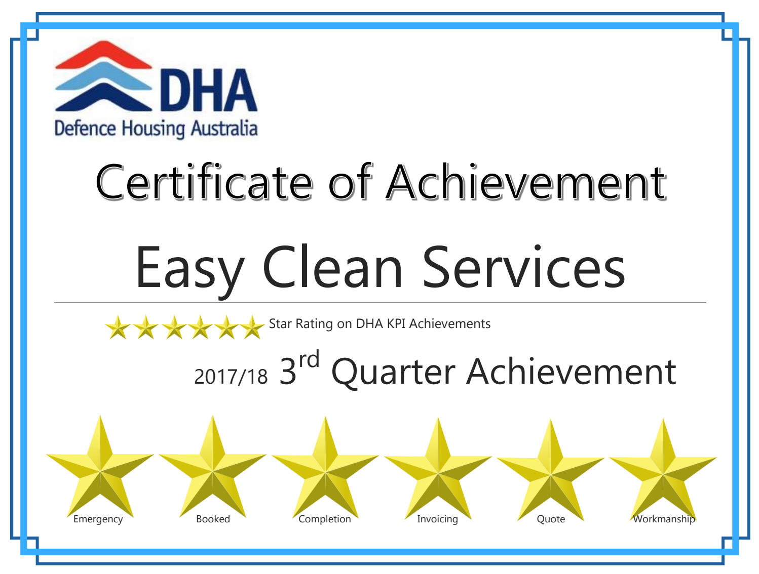 Defence Housing Australia Certificate of Achievement for Easy Clean Services